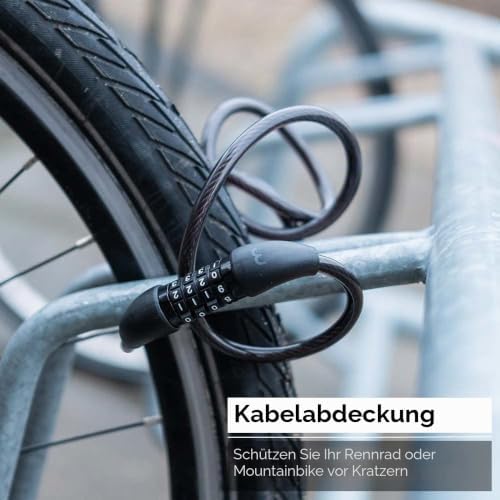 Cycling Zahlenschloss QuickCode Fahrradschloss für Rennrad MTB und Urban Cycling 4-Stellig Code Kombination Kabelschloss aus Gehärtetem Stahl 8mmx, Schwarz