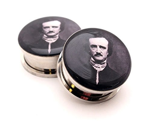 Screw on Plugs - Edgar Allan Poe Picture Plugs - 2g - 6mm - Sold As a Pair