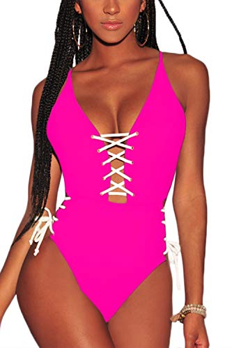 Almaree Woman Deep V Neck Criss Cross High Waist Bathing Suit 1 Piece Bikini Rosy S - Thumbnail 3