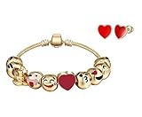 Emoji Gold Plated Strand Bracelet With Heart Earings - 10 Enamel Painted Interchangable Fun Emoji Faces Beads on a 7