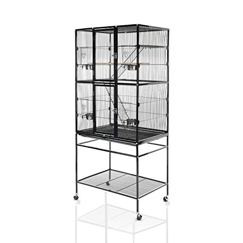 LAZY BUDDY Bird Cage 63″ Large Wrought Iron Bird Cage with Stand for Parrots, Parakeets, Cocktiel, Budgie and Other Birds. (Black)