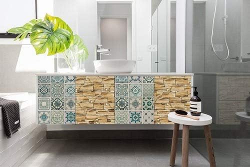 WALPLUS FW4923-COM-WM5110x2/WM5112x2 Green Tiles and Rock Pattern Self-Adhesive Decal Furniture Wrap, Vinyl, Multi-Colour - Image 3