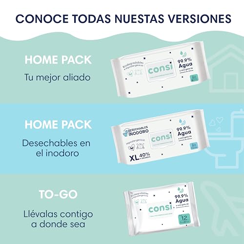 Consi Toallitas Humedas Bebe y Niños (99.9% Agua), Hipoalergénicas para Piel Sensible, Libre de Sulfatos, Parabenos y Fragancias, Biodegradables, Toallas húmedas | 6 paquetes con 480 Toallitas