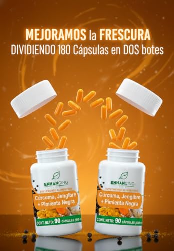 CÚRCUMA, JENGIBRE Y PIMIENTA NEGRA PARA MÁXIMA ABSORCIÓN | FORMULA PREMIUM| SOLO INGREDIENTES NATURALES (180 Cápsulas)