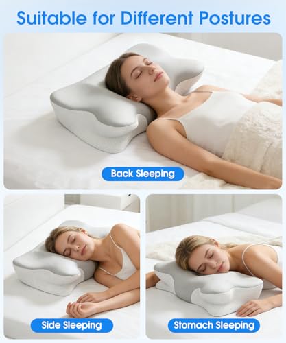 Memory Foam Pillow, Ergonomic Orthopedic Pillow for Neck and Shoulder Pain Relief, 2 Heights Cervical Support Pillow for Side/Back/Stomach Sleepers, Cooling Pillow with 2 Washable Covers(Grey & Blue)