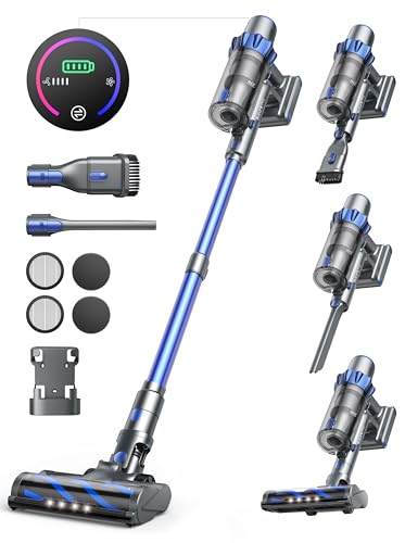 Cordless Vacuum Cleaner, 450W 38KPA Stick Vacuum with Intelligent Auto Mode, Color Touch Display, Up to 55Mins, Rechargeable Cordless Vacuum for Hardwood Floor Carpet Pet Hair, Blue