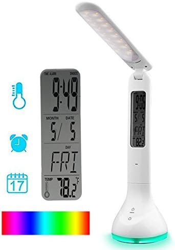 Diglot LED Desk Lamp Eye-caring Table lamp 180°Flodable LED Desk Lamp with Calendar Alarm Clock Themometer Timer 3-Level Dimmable Office Lamp with USB Charging Prot 5V 4W Touch Contral White