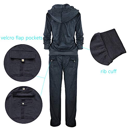 Tanbridge Women Velour Tracksuit Set 2 Piece Outfit Hoodie & Sweatpants Jogger Sets Black S - Thumbnail 4