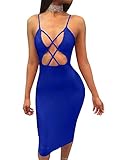 TOB Women's Sexy Spaghetti Backless Bodycon Lace up Front Club Dress Royal Blue