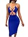 TOB Women's Sexy Spaghetti Backless Bodycon Lace up Front Club Dress Royal Blue