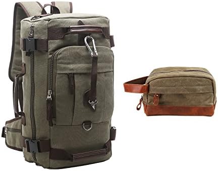 Travables Vintage Canvas Leather Rucksack x Toiletry Bag, Christmas Gift Set for Men (Army Green+Army Green)