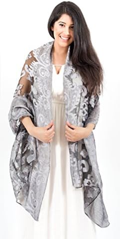Alirina Burnout Lace Design Shawl, Beach wrap, Silk Scarf,Dark Grey Color