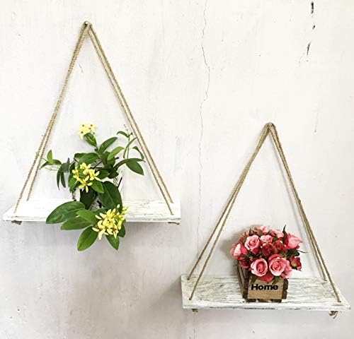 ASLINY [Set of 2 Distressed Wood Hanging Swing Rope Floating Shelves (Cracking White)