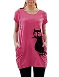 Allegra K Women's Round Neck Short Sleeves Cat Print Tunic Top
