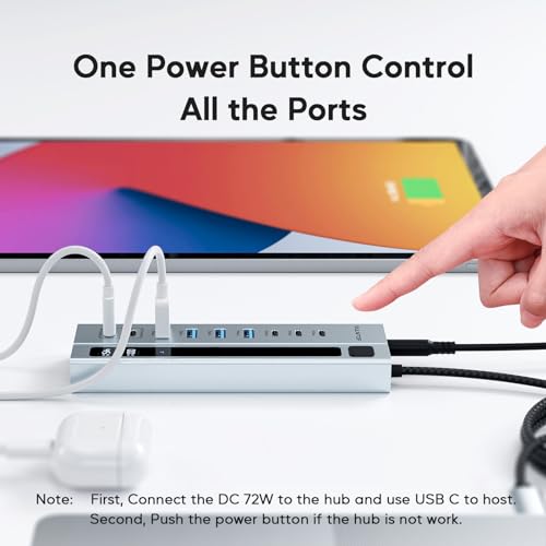 PULWTOP Hub USB C 3.2 ativo com fonte de alimentação, hub USB 3.2 9 em 1 com dados de 3 * 10 Gbps, 4 * USB A 3.1 e 2 * carregamento PD de 45 W (não suporta vídeo e dados) Adaptador de 72 W