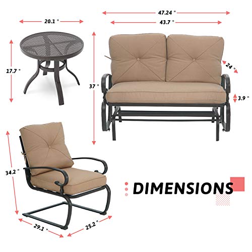 Incbruce 4Pcs Outdoor Patio Furniture Conversation Sets (Loveseat, Bistro Table, 2 Spring Chair) - Swing Glider Rocking Patio Bench and Spring Metal Lounge Chairs Sets with Cushions (Brown) - Thumbnail 4