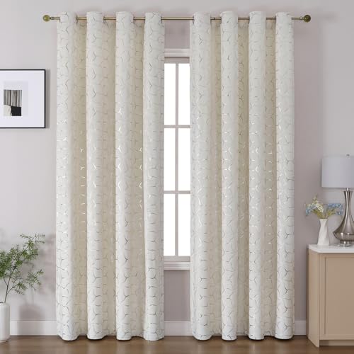 Gazal Vole Golden Cream Curtains Geometric Design, H220 x W140 cm, Set of 2 Panels, Soft Velvet, Blackout Curtains 75-80%, Metal Eyelets 4 cm, Living Room Bedroom Office