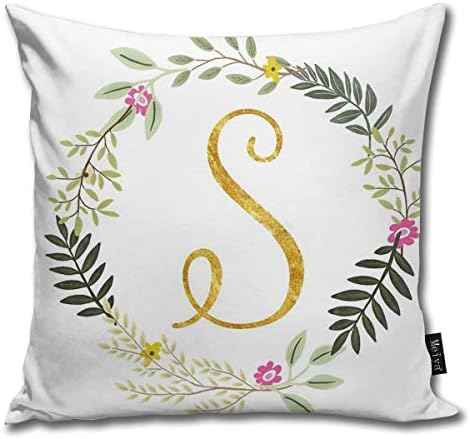 Hailiy Floral and Gold Initial Monogram S Pillow Case Home Decorative Throw Pillow Case Cushion Cover for Gift Home Couch Bed Car 18X18inch