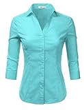 Doublju Basic 3/4 Sleeve Cotton Button Down Collared Shirts For Women With Plus Size