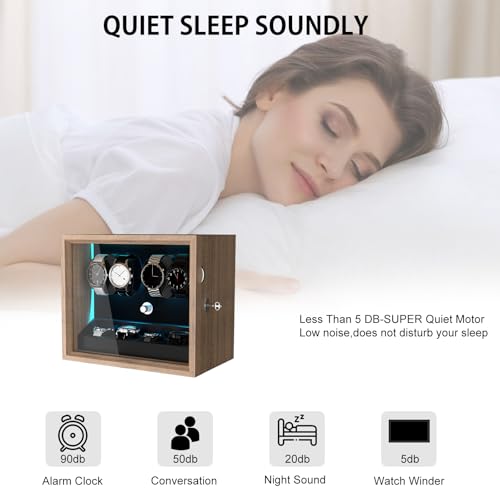DUKWIN Watch Winder for 4/6/8/12 Automatic Watches, Lockable Automatic Winders with Extra 4/6 Watch Storages, 4 Rotation Modes, Quiet Mabuchi Motor, Sfot Watch Pillows and Blue Backlight