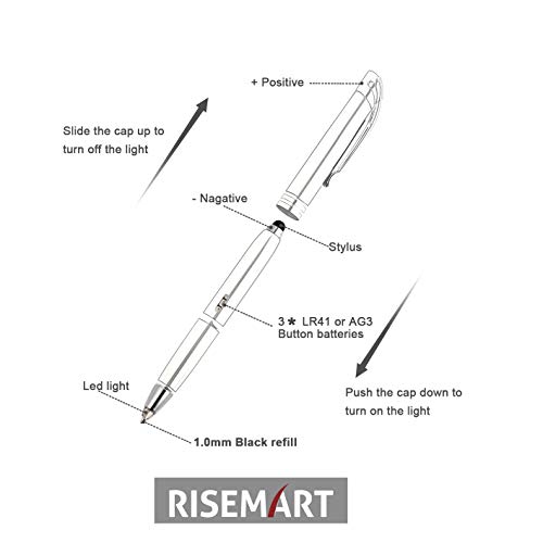 RISEMART 3-in-1 Functional Stylus, LED Flashlight, Ballpoint Pen, Stylus Pen for Touchscreen Devices, Multi-Function Capacitive Pen with White LED Flashlight, 1.0mm Black Ink