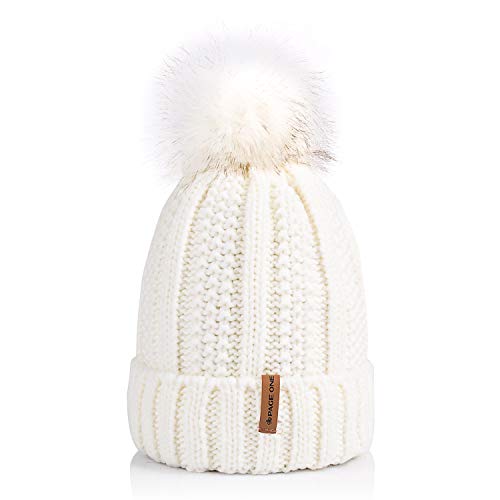 Womens Winter Thick Cable Knit Beanie Faux Fur Pom Hat Fleece Lined Skull Cap