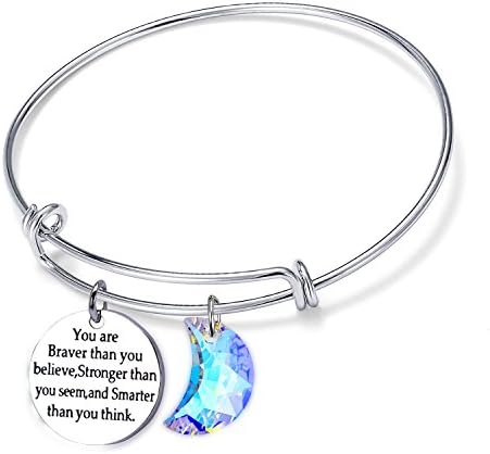 Crescent Moon Bracelet Bangle for Women Crystal Moon Engraved Disc Coin Inspirational Bracelet Stainless Steel Girls Jewelry