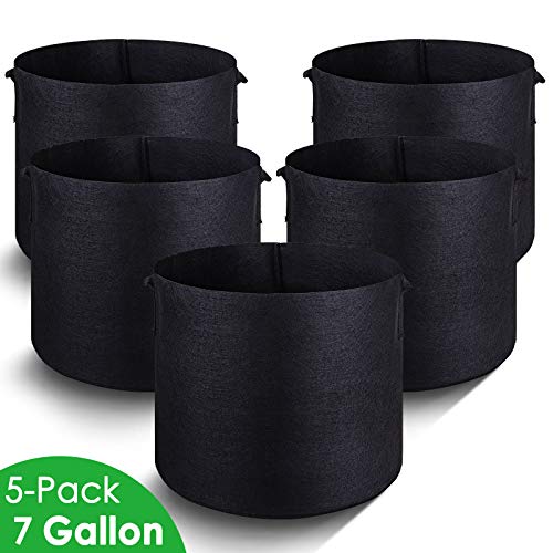 MAXSISUN 5-Pack 7 Gallon Plant Grow Bags, Heavy Duty Thickened Non-Woven Aeration Fabric Pots Container with Reinforced Handles for Gardening