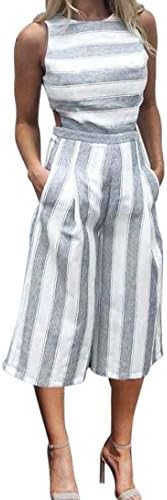 TAORE Women Sleeveless elegant Striped Jumpsuit Romper Casual Work Wide Leg Pants (M, White)