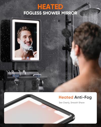 eeuuty Heated Shower Mirror Fogless for Shaving (Gen 3) - 3 Colors Stepless Dimmable Lights, Anti-Fog Shaving Mirror with Razor Holder, No-Drilling, Removable - Black