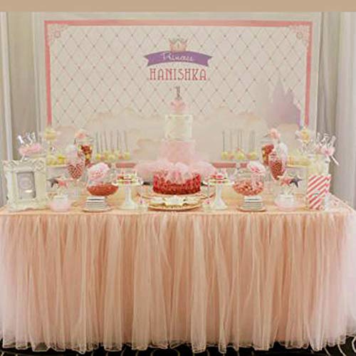 Fanqisi Tulle Table Skirt 3 Yard Light Peach Fluffy Satin Craft Table Skirting for Sweetheart Cake Table Event Birthdays Rectangle Table Decoration - Thumbnail 3