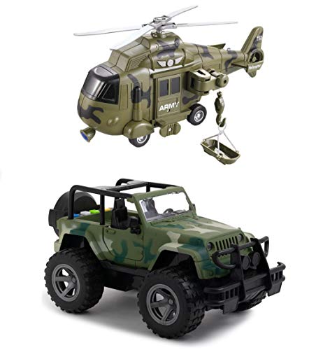 Toy To Enjoy Army Helicopter & Truck Toy with Flashing Light & Sound Effects - Friction Powered Wheels & Openable Doors - Heavy Duty Plastic Military Toy for Kids & Children
