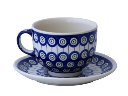 Bunzlauer Keramik Tasse mit Untertasse (Milchkaffeetasse) 0.5 Liter Dekor 8