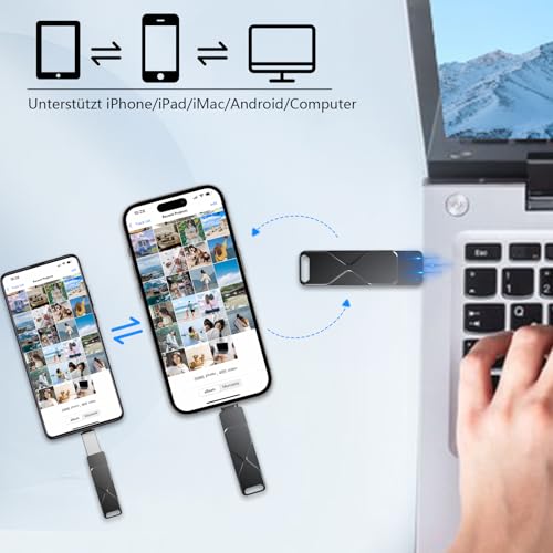 USB Flash Drive 256GB for iPhone iPad, MFi Certified Lightning 3-in-1 External Memory Stick, USB Flash Drive Compatible with iOS, MacBook, Android Smartphone, PC and Laptop