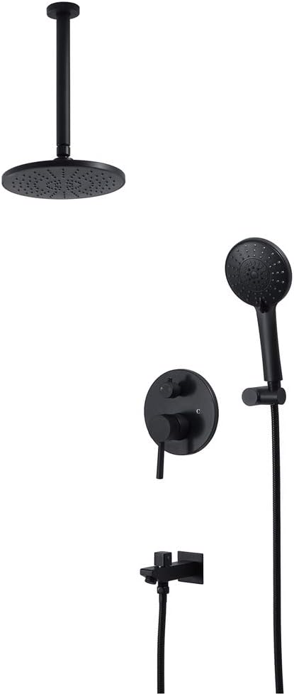GLYYR Round Shower System with Cold and Hot Water, Bathroom Ceiling Mounted 3 Function Rain Mixer Shower Combo Set, 225 * 225 mm, Black