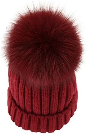 FUNNY365 Womens Knitted Hat Fox Fur Pom Pom Warm Slouchy Beanie Cap (Wine Red)