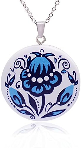 Wood Pendant Necklace for Women-Round White and Blue Girls Wedding Flower Stainless Steel Chain Necklace for Girls and Womens