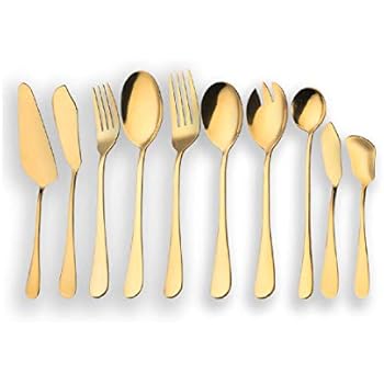 Berglander Stainless Steel Golden Serving Flatware Set, Golden Serving Silverware Set, Cake Server, Fish Knife, Fish Fork, Serving Spoon, Serving Fork, Salad Spoon, Salad Fork, Butter Knife, Icecream