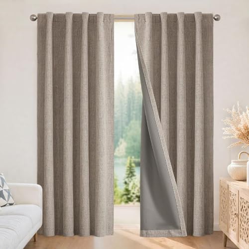 Joydeco 100% Blackout Curtains 90 inches Long Natural Linen Drapes 2 Panels Set Burg for Bedroom Living Room Black Out Darkening Curtain Thermal Insulated Back tab Rod Pocket(52x90 inch,Linen)
