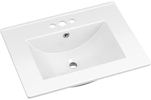 ROOMTEC 24"x18¼" Bathroom Vanity Sink Top with Three Holes, Ceramic Vanity Sink Top with Overflow, Drop in Bathroom Vessel Sink Rectangle, Glossy White