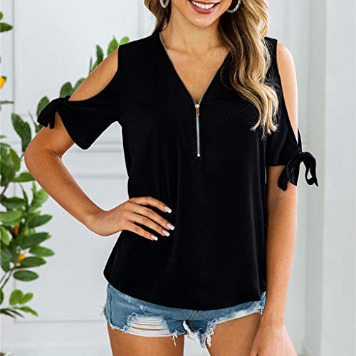 Womens Sexy Tops 2019, YEZIJIN Womens Casual Off Shoulder Tops Shirt V Neck Zipper Shirt Blouse Tee Top Black