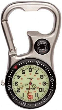 Silver/Black Luminous Clip-on Carabiner Fob Watch with Compass for Doctors Nurses Paramedics Chefs