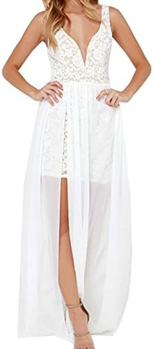 Sunnyfair Women Floral Lace Overlay Sheer Long Maxi Evening Dress White L