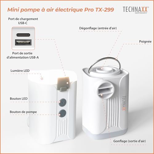 Mini Battery Air Pump Pro TX-299 - Pompe à air électrique rechargeable 3600 mAh avec banque d'alimentation, lumière LED, 5 buses, chargement USB -Pompe à air portable sans fil pour gonflables
