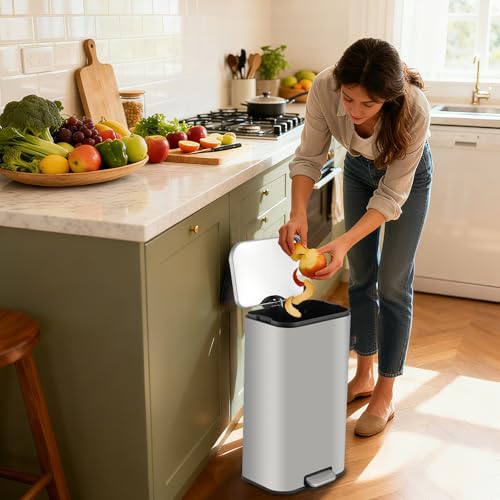 12L Stainless Steel Trash Can for Kitchen, Office, Bathroom – Rectangular, Soft-Close Lid, Foot Pedal, Removable Bucket, Fingerprint-Proof, Space-Saving,Silver