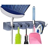 MENXEN Mop and Broom Holder，Multipurpose Wall Mounted Garden Tool Organizer，Home Organization Kitchen Rack and Garage Organizer，5 Positions 6 Hooks (Grey)