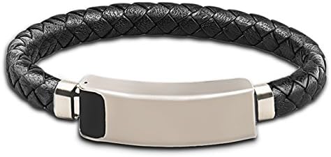 Android Micro USB Leather Bracelet Stainless Steel Link Charging Cable Braided Wrist Band USB Sync Data Charger Cord for Samsung, Motorola, Sony and More (Black, L（8.2"）)