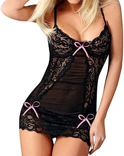Lethez Women Sexy Lingerie Lace Babydoll Strap Chemise Bow Teddy V Neck Bandage Sleepwear