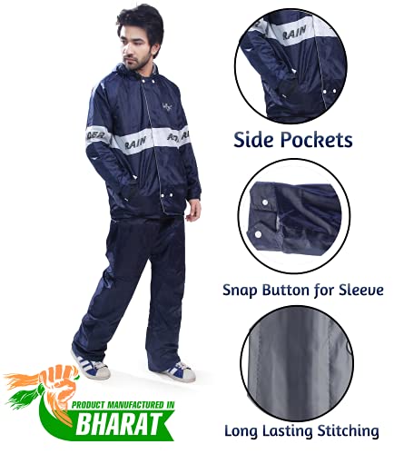 Bulfyss-Double-Layered-Polyester-Rain-Coat-Suit-for-Men-100-Waterproof-for-Bike-Reversible-Lightweight-Raincoat-with-Adjustable-Hood-Bottom-Pants-Free-Size-Blue Bulfyss Men's Rain Coat with Pant (YSRAINSUIT21_Blue_Free Size)