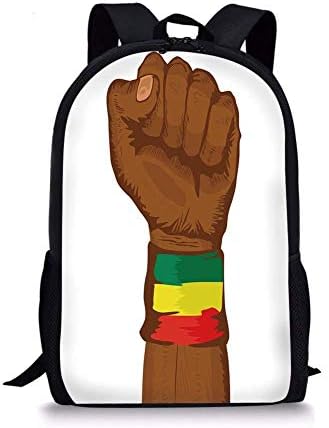 School Bags Rasta,Ethiopian Rebellion Symbol Wrist with Flag Colors Art Print Decorative,Brown Green Yellow Red and Green for Boys&Girls Mens Sport Daypack